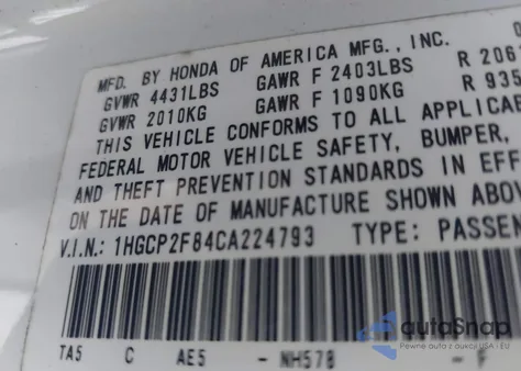 2012 Honda Accord 2.4 Ex-L z USA, uszkodzony, nr VIN 1HGCP2F84CA224793